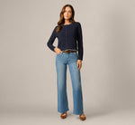 Long Sleeve Crochet Trim Cardigan Sweater In Navy Ivory 2