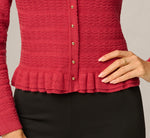 Long Sleeve Textured Ruffle Hem Cardigan Sweater In Garnet 5