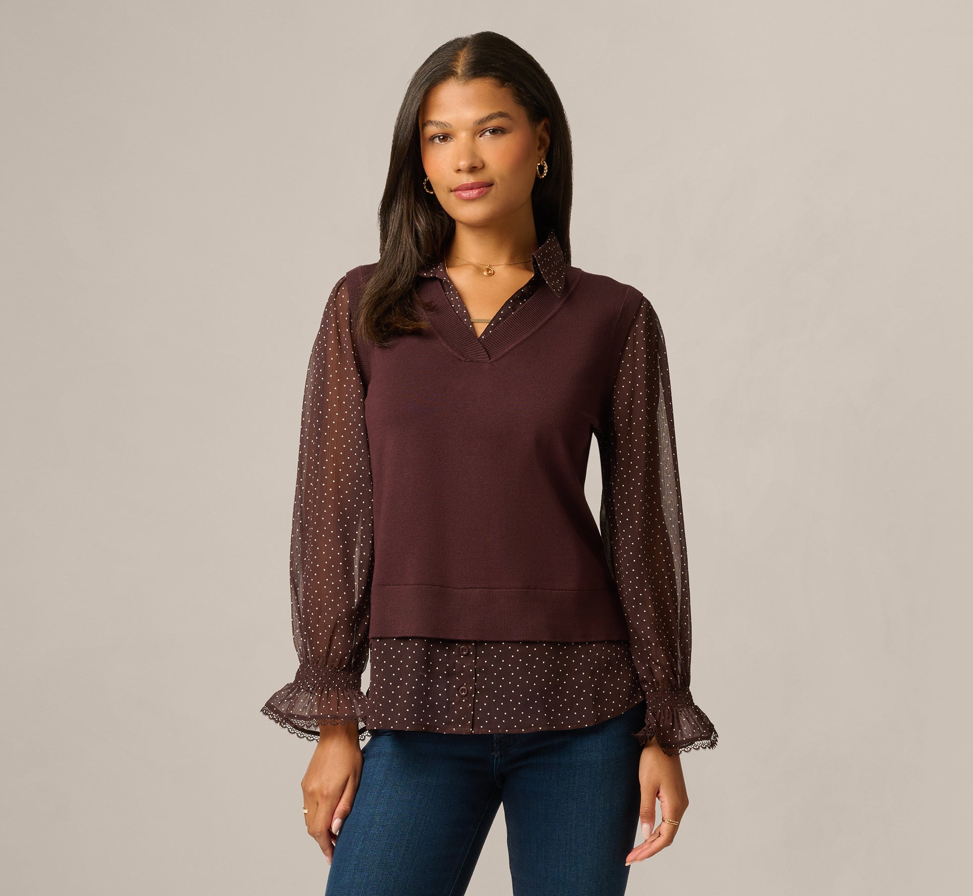 Brown Long Sleeve Ruffle Cuff Sweater Vest Twofer Top - Adrianna