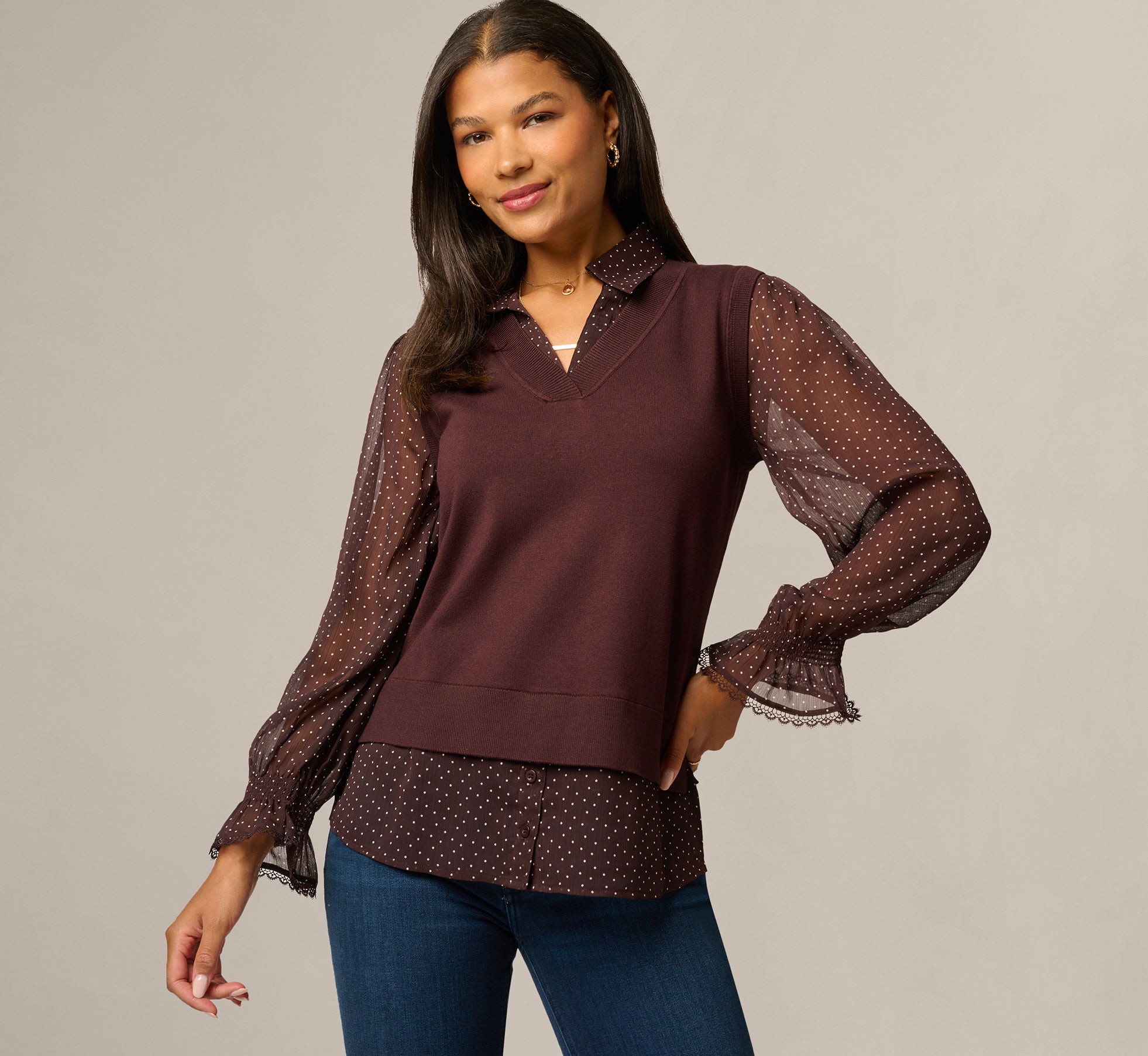 Long Sleeve Ruffle Cuff Sweater Vest Twofer Top In Chocolate W  Chocolate Iv Dot 1