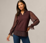 Long Sleeve Ruffle Cuff Sweater Vest Twofer Top In Chocolate W  Chocolate Iv Dot 1