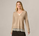 Long Sleeve Lace Twofer Sweater Top In Natural Heather Ivory 3