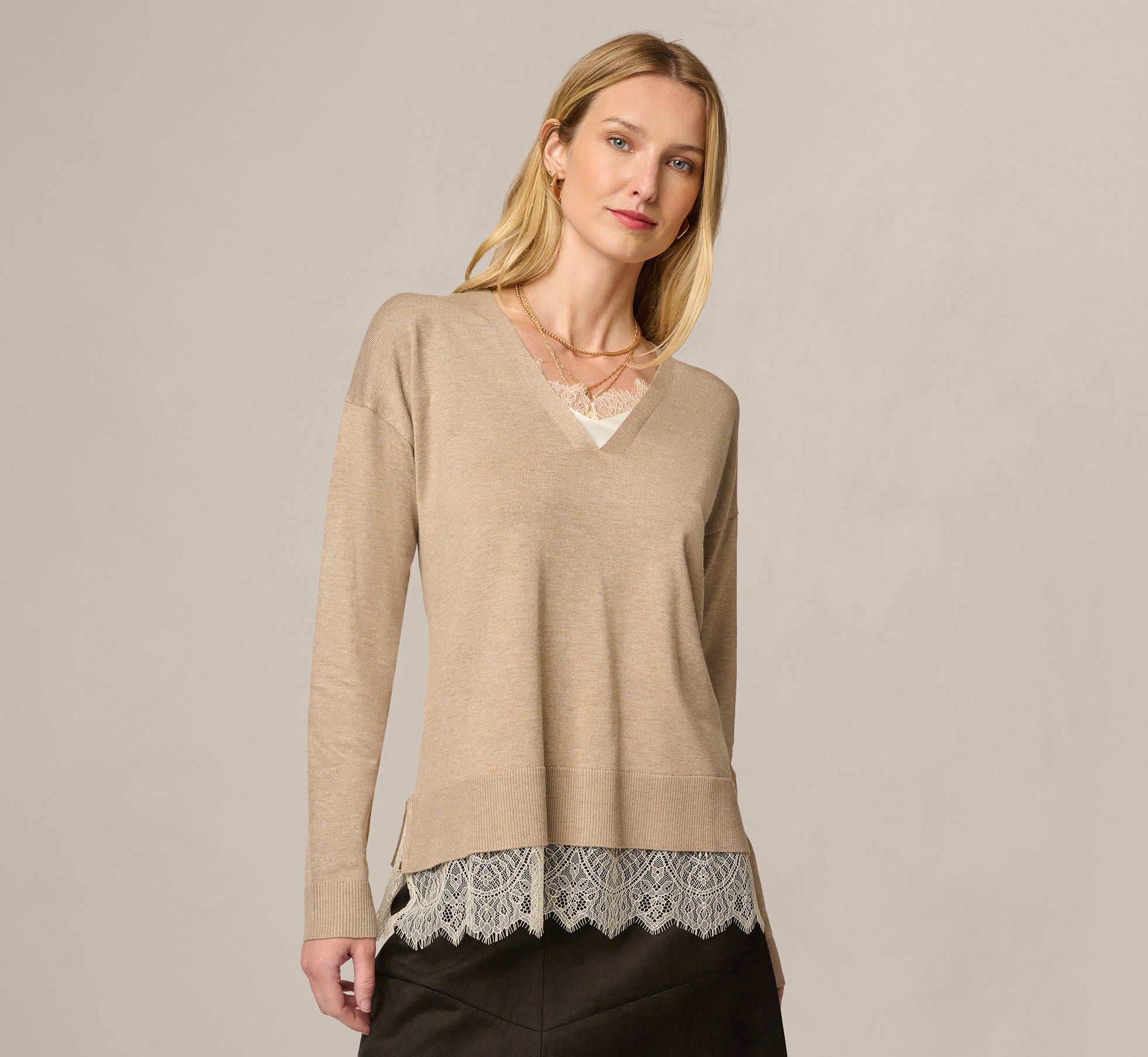 Long Sleeve Lace Twofer Sweater Top In Natural Heather Ivory 1