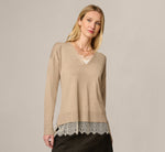 Long Sleeve Lace Twofer Sweater Top In Natural Heather Ivory 1