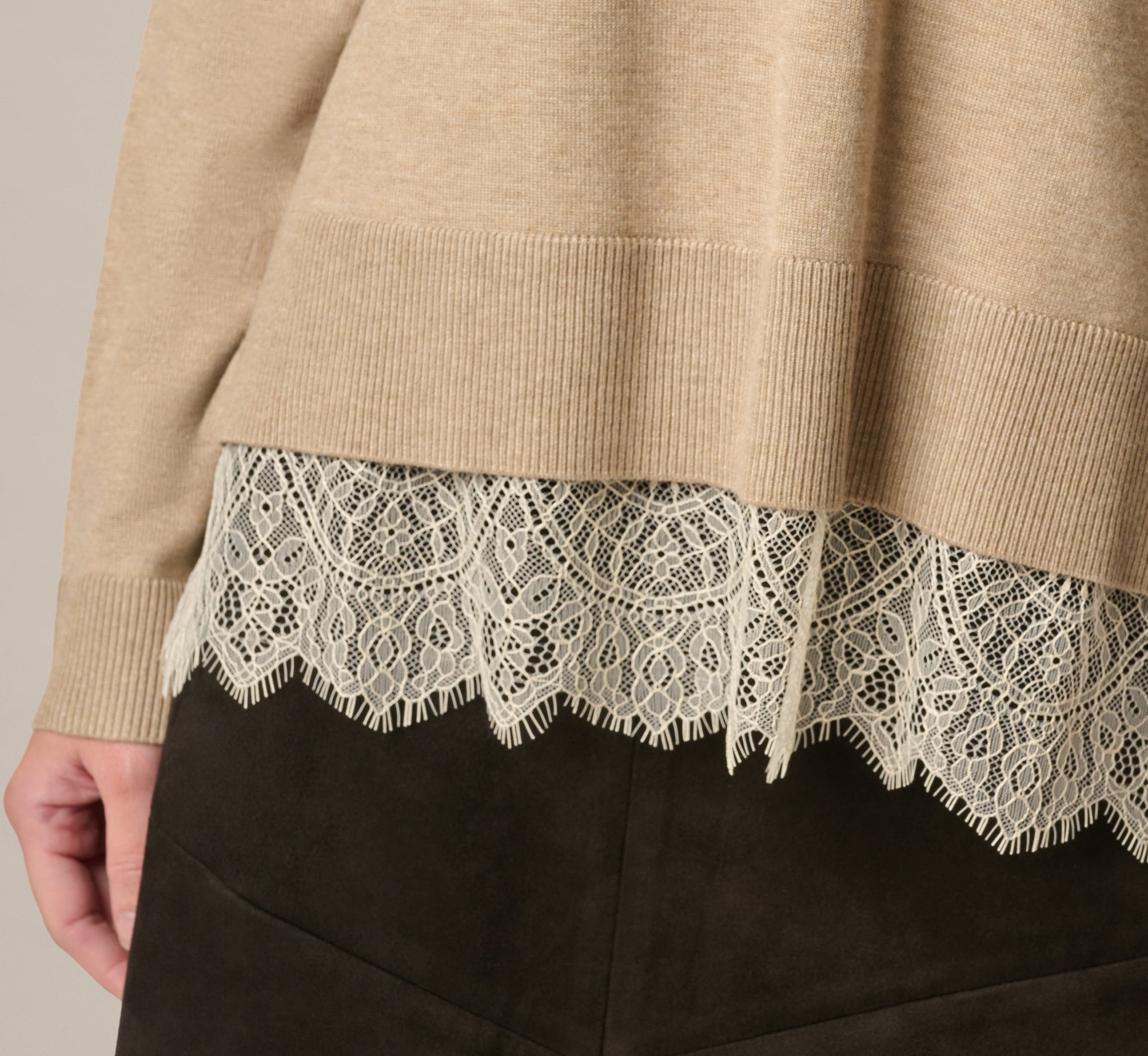 Beige Long Sleeve Lace Twofer Sweater Top - Adrianna Papell