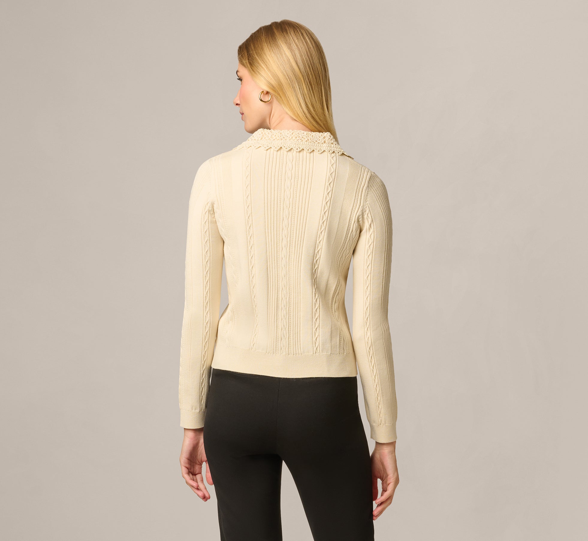 White Cable Knit Crochet Peter Pan Collar Cardigan Sweater