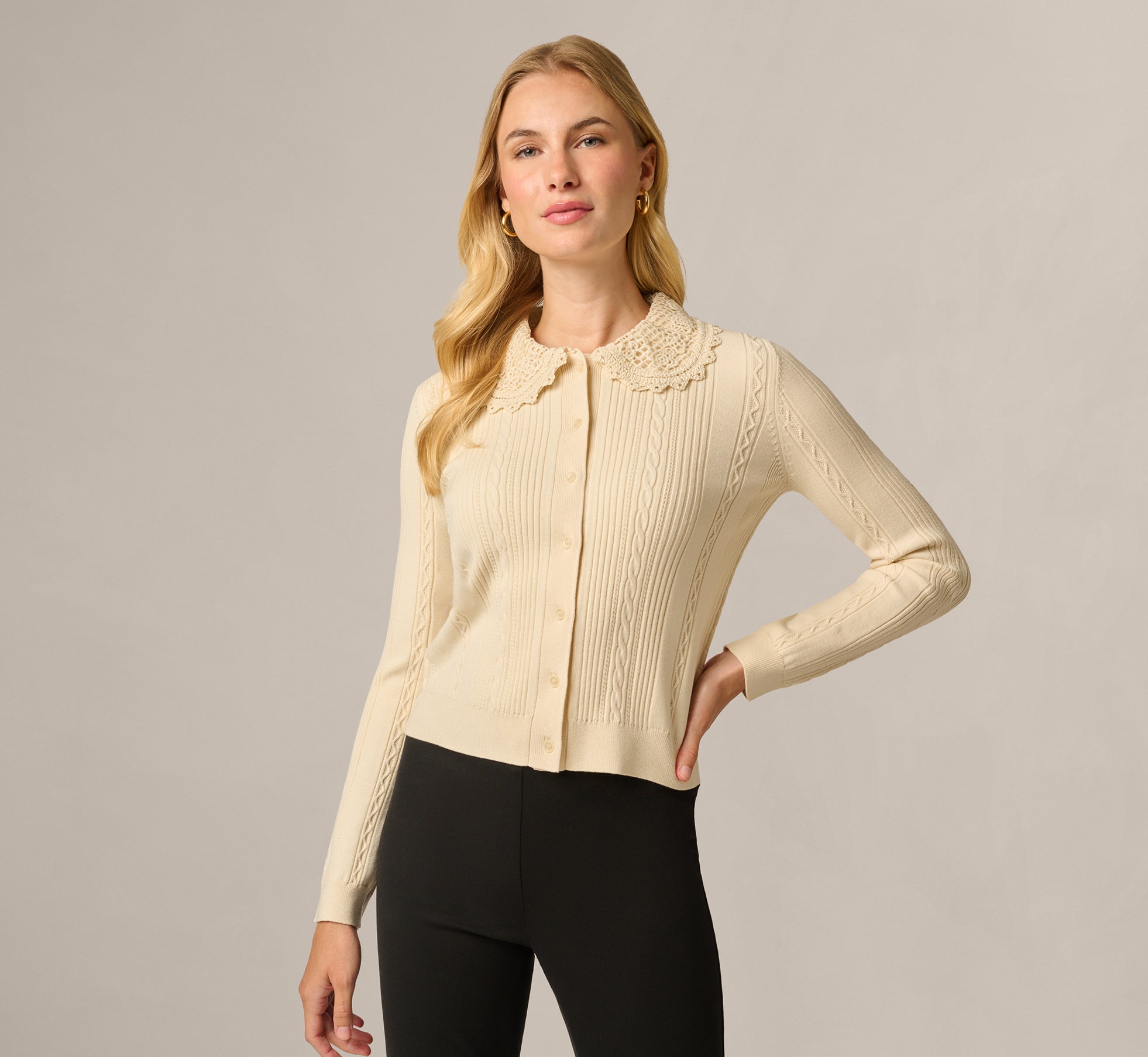 Cable Knit Crochet Peter Pan Collar Cardigan Sweater In Cream 1