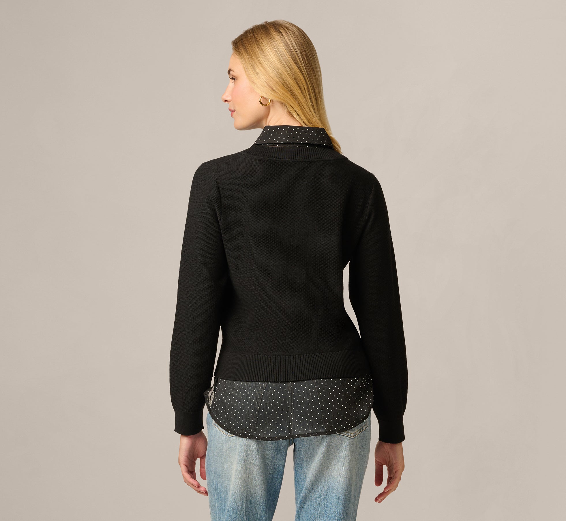 Black Long Sleeve Tie Neck Twofer Sweater Top - Adrianna Papell