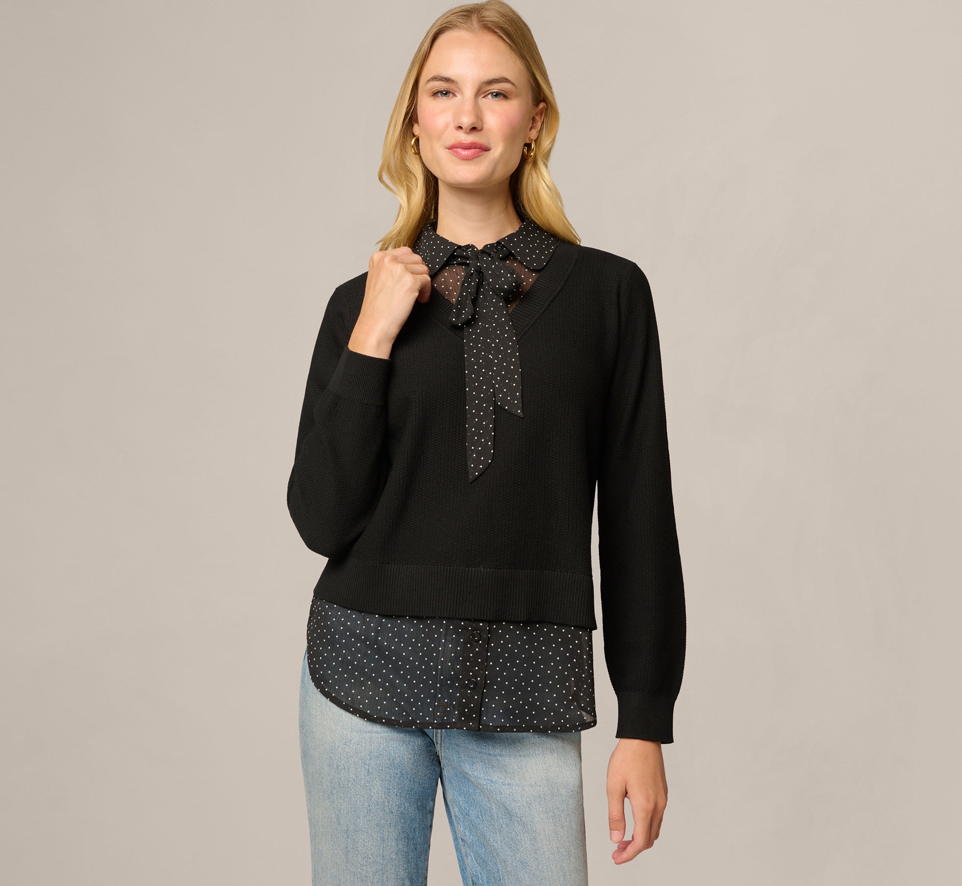 Long Sleeve Tie Neck Twofer Sweater Top In Black W  Black Ivory Dot 1