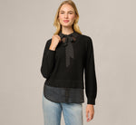 Long Sleeve Tie Neck Twofer Sweater Top In Black W  Black Ivory Dot 1