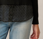 Long Sleeve Tie Neck Twofer Sweater Top In Black W  Black Ivory Dot 5