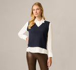 Long Sleeve Cable Knit Sweater Vest Twofer Top In Navy Ivory 3