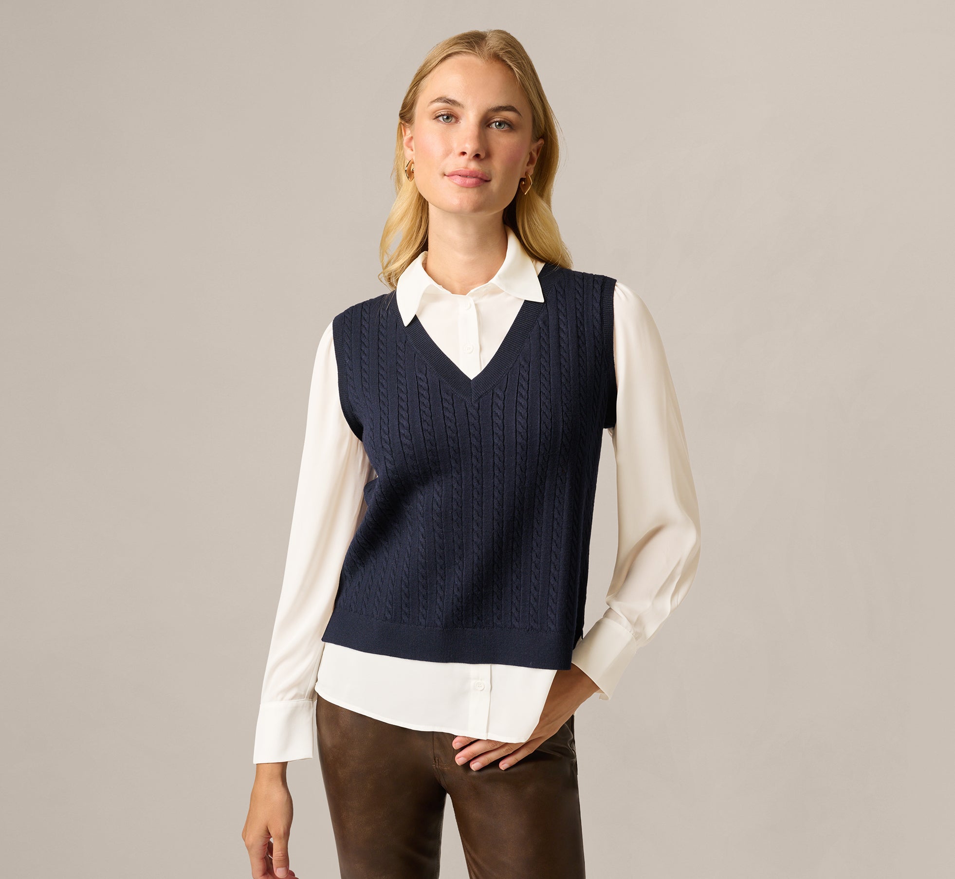 Long Sleeve Cable Knit Sweater Vest Twofer Top In Navy Ivory 1