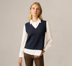 Long Sleeve Cable Knit Sweater Vest Twofer Top In Navy Ivory 1