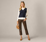 Long Sleeve Cable Knit Sweater Vest Twofer Top In Navy Ivory 2