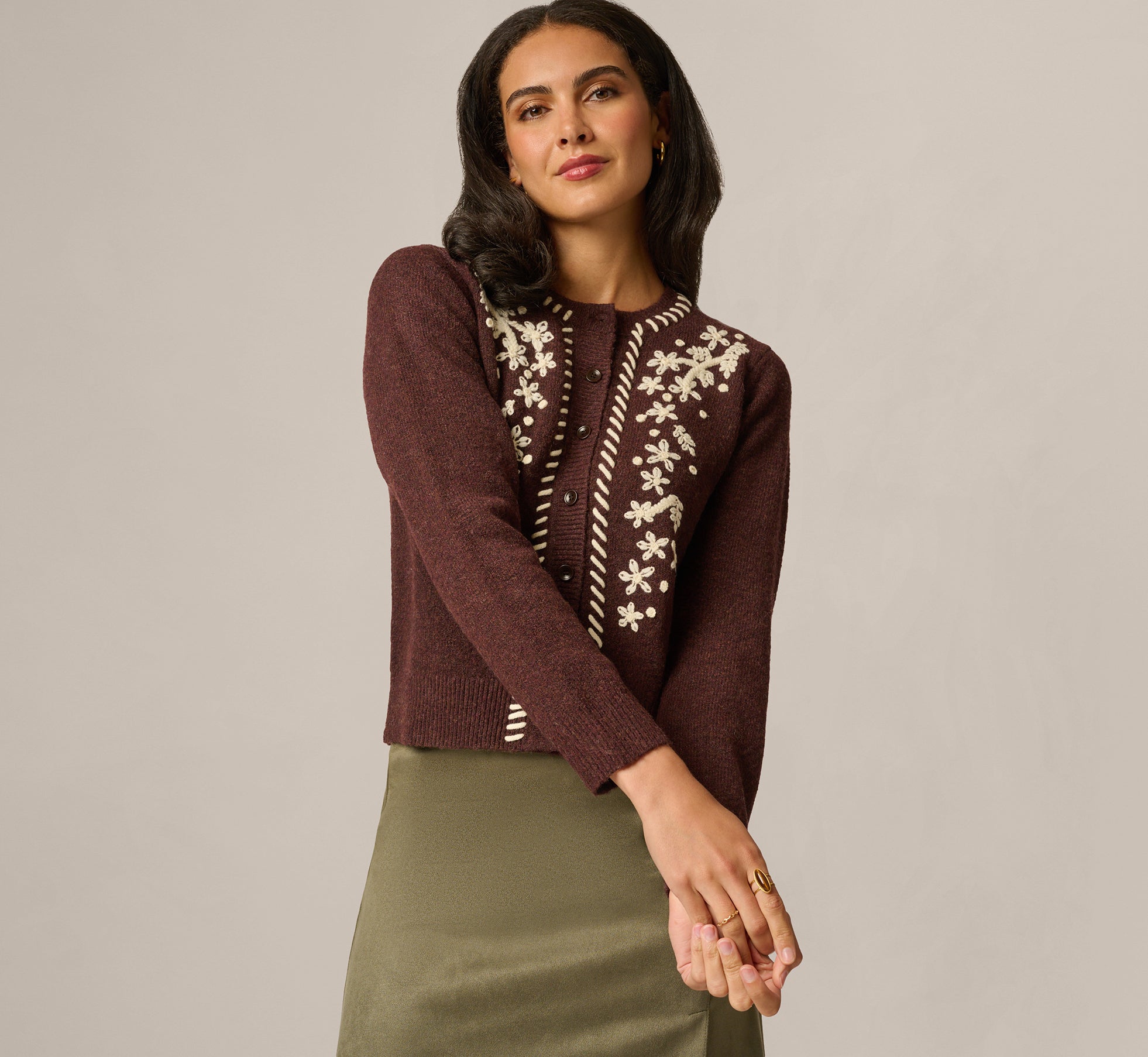 Long Sleeve Contrast Floral Embroidered Cardigan Sweater In Cambridge Brown Cream 1