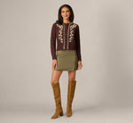 Long Sleeve Contrast Floral Embroidered Cardigan Sweater In Cambridge Brown Cream 2