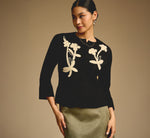Bell Sleeve Floral Embroidered Peplum Cardigan Sweater In Black Cream 1