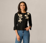 Bell Sleeve Floral Embroidered Peplum Cardigan Sweater In Black Cream 3