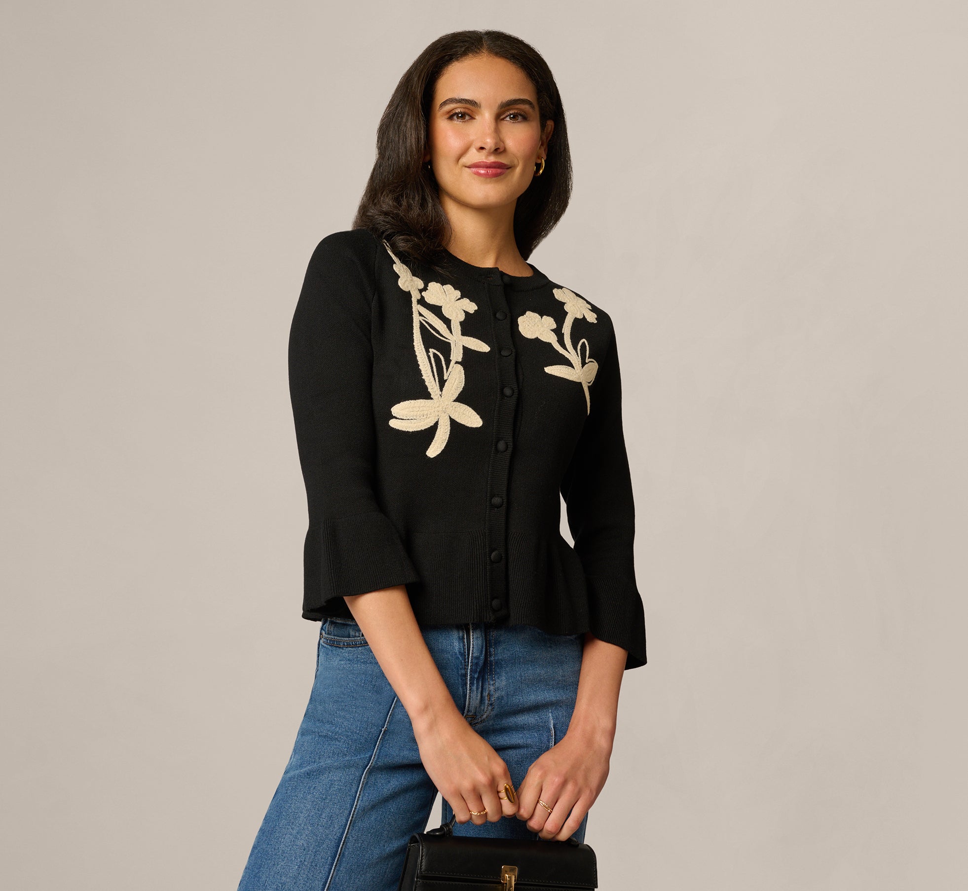 Bell Sleeve Floral Embroidered Peplum Cardigan Sweater In Black Cream 1