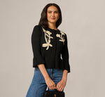 Bell Sleeve Floral Embroidered Peplum Cardigan Sweater In Black Cream 1