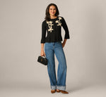 Bell Sleeve Floral Embroidered Peplum Cardigan Sweater In Black Cream 2