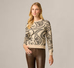 Long Sleeve Ribbed Trim Crew Neck Pullover Sweater In Cream Black Paisley 3