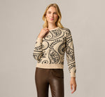Long Sleeve Ribbed Trim Crew Neck Pullover Sweater In Cream Black Paisley 1
