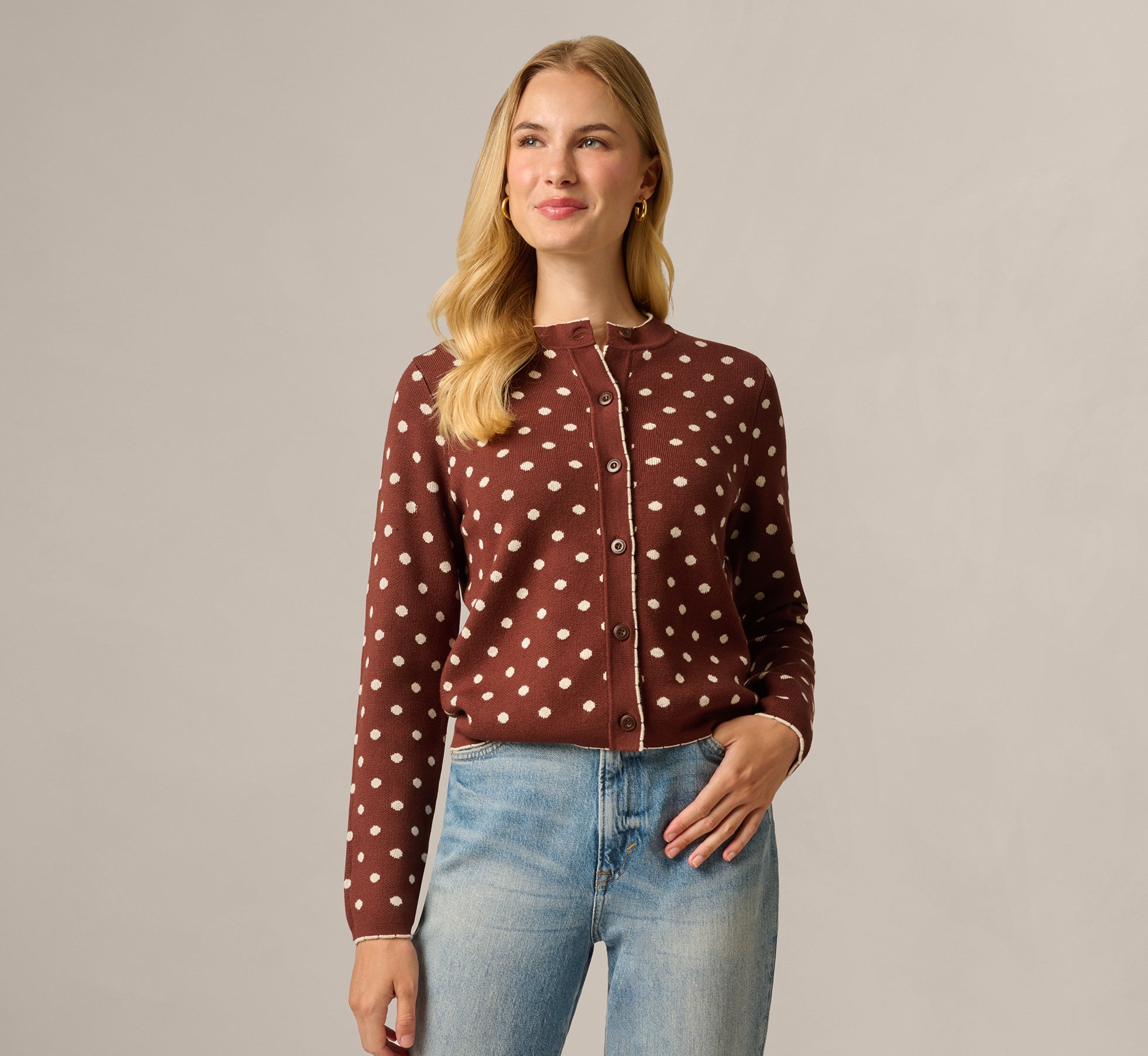 Long Sleeve Crew Neck Cardigan Sweater In Hazelnut Cream 1