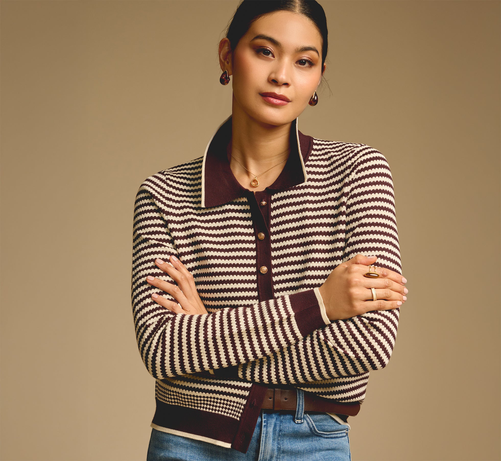 Long Sleeve Polo Collar Cardigan Sweater In Chocolate Cream 1