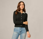 Long Sleeve Pearly Collar Cardigan Sweater In Black 1