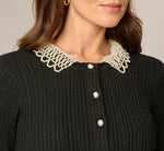 Long Sleeve Pearly Collar Cardigan Sweater In Black 5