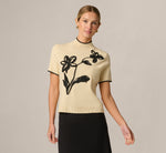 Short Sleeve Floral Embroidered Pullover Sweater In Cream Black 3