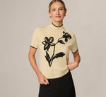 Short Sleeve Floral Embroidered Pullover Sweater In Cream Black 1