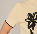 Short Sleeve Floral Embroidered Pullover Sweater In Cream Black 5