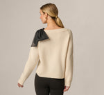 Long Sleeve Bow Shoulder Sweater In Cream Black 6