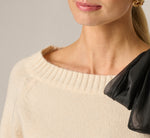 Long Sleeve Bow Shoulder Sweater In Cream Black 4