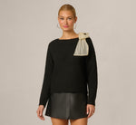 Long Sleeve Bow Shoulder Sweater In Black Cream 3