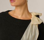 Long Sleeve Bow Shoulder Sweater In Black Cream 4
