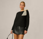 Long Sleeve Bow Shoulder Sweater In Black Cream 1