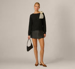 Long Sleeve Bow Shoulder Sweater In Black Cream 2