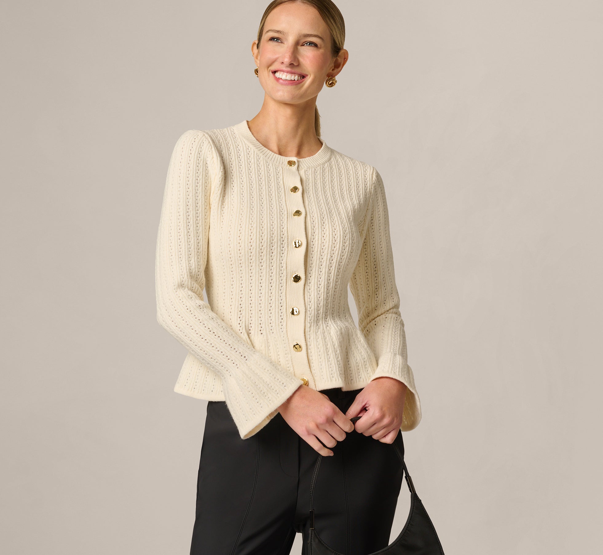 Bell Sleeve Open Cable Knit Peplum Flouce Cardigan In Cream 1
