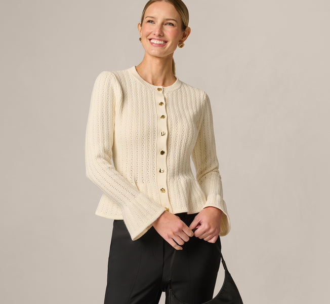 White Bell Sleeve Open Cable Knit Peplum Flouce Cardigan