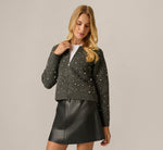 Pearly Beaded Bomber Jacket Sweater In Soft Charcoal 1