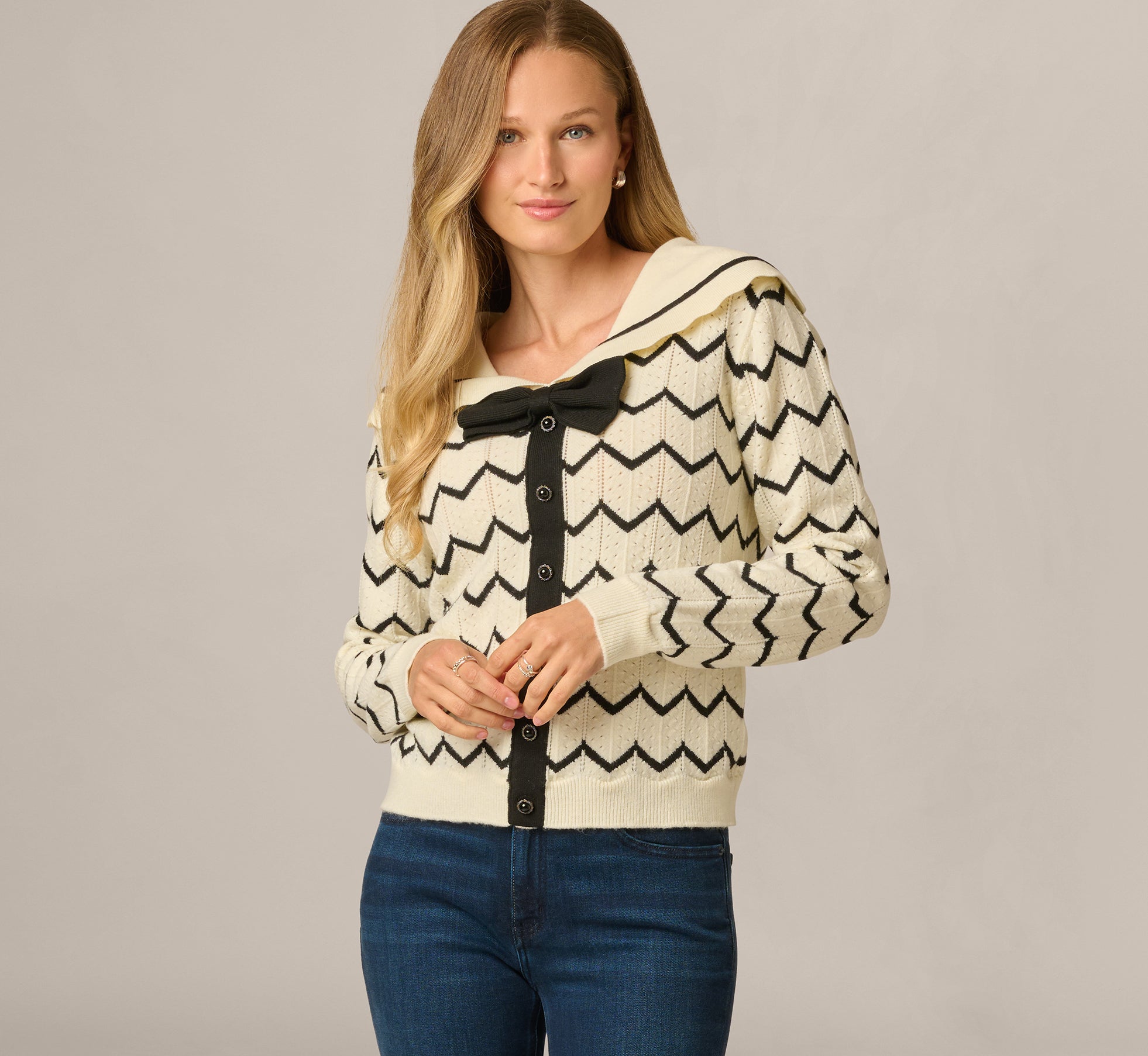 Long Sleeve Sailor Bow Collar Open Pointelle Sweater In Cream Black 1