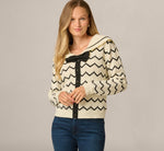Long Sleeve Sailor Bow Collar Open Pointelle Sweater In Cream Black 1