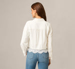 Long Sleeve Lace Trim Drawstring Hem Blouse In Ivory 6