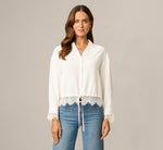 Long Sleeve Lace Trim Drawstring Hem Blouse In Ivory 3