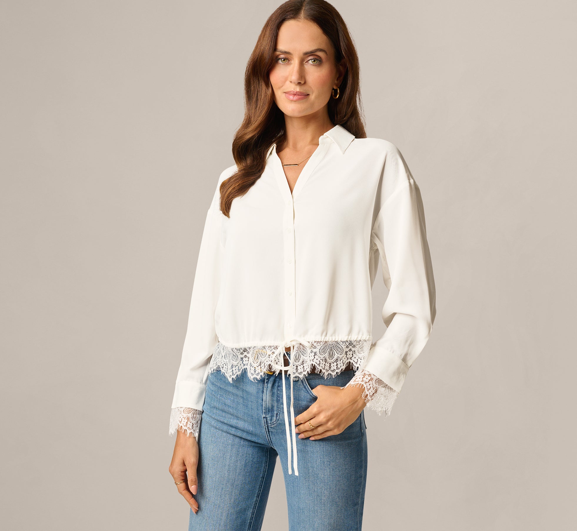 Long Sleeve Lace Trim Drawstring Hem Blouse In Ivory 1
