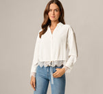 Long Sleeve Lace Trim Drawstring Hem Blouse In Ivory 1